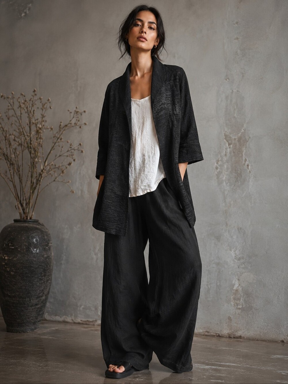 EILEEN FISHER Textured Open Front Jacket Womens XS Black Minimalist Quiet Luxury